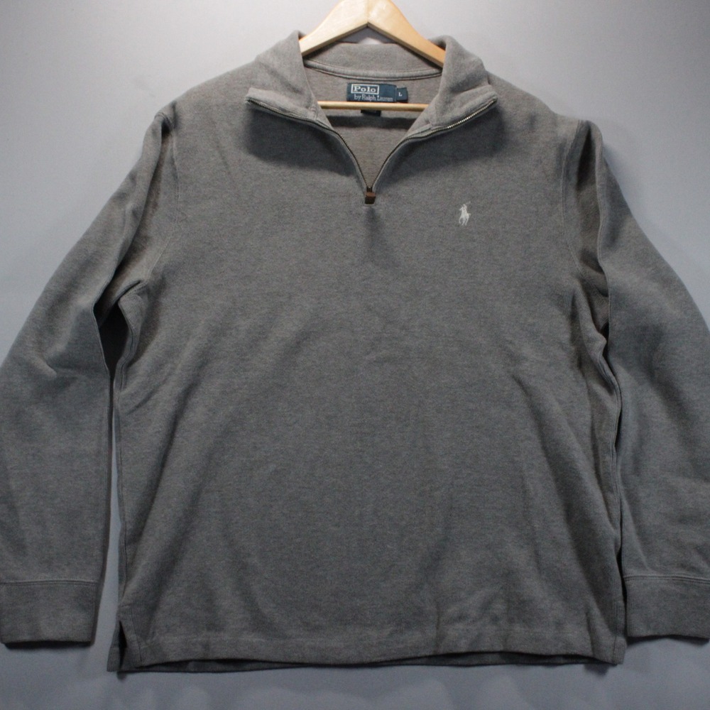 Polo Ralph Lauren Mens L Grey Cotton Quarter Zip Pullover Sweater White Pony